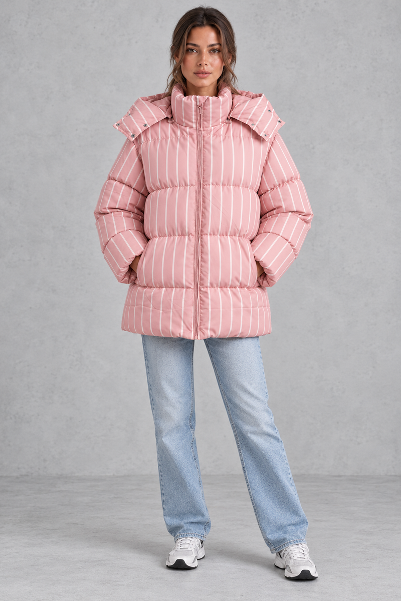 Women’s pink and white striped oversized hooded puffer jacket with horizontal quilting, a high stand collar and voluminous padded silhouette.