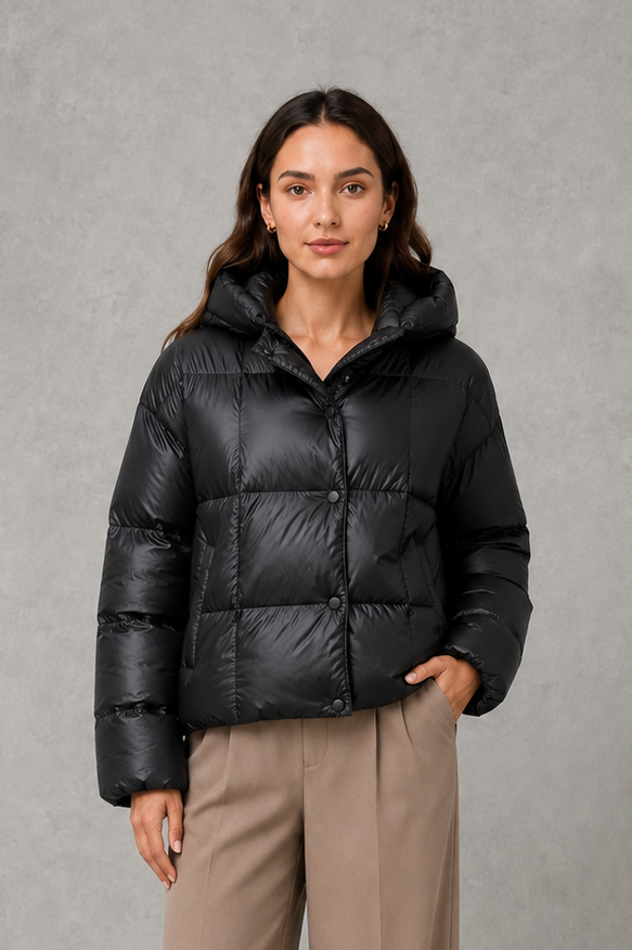 Women’s oversized hooded puffer jacket with a protective high collar, wide padded sleeves and a relaxed hip-length silhouette for winter layering.