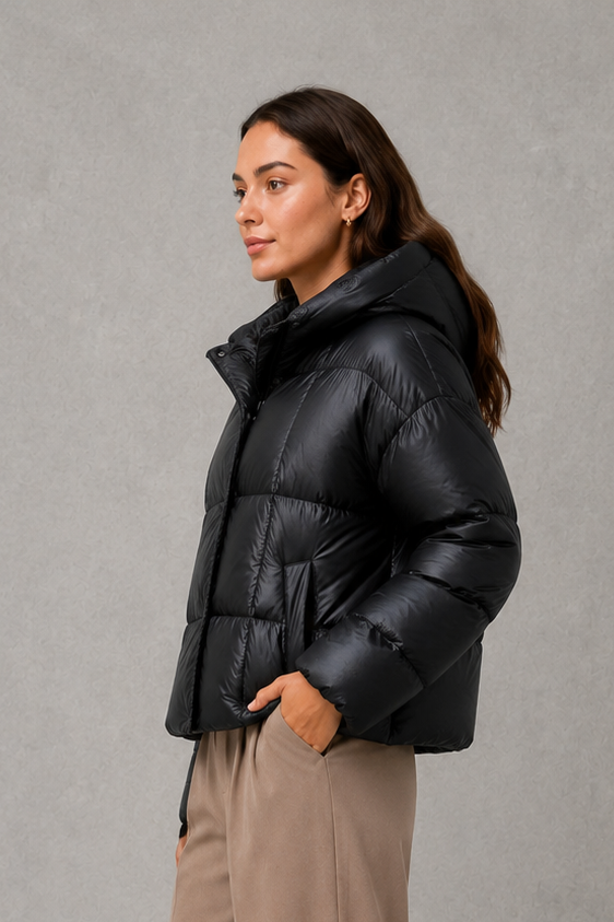 Women’s oversized hooded puffer jacket with a protective high collar, wide padded sleeves and a relaxed hip-length silhouette for winter layering.