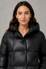 Women’s oversized hooded puffer jacket with a protective high collar, wide padded sleeves and a relaxed hip-length silhouette for winter layering.