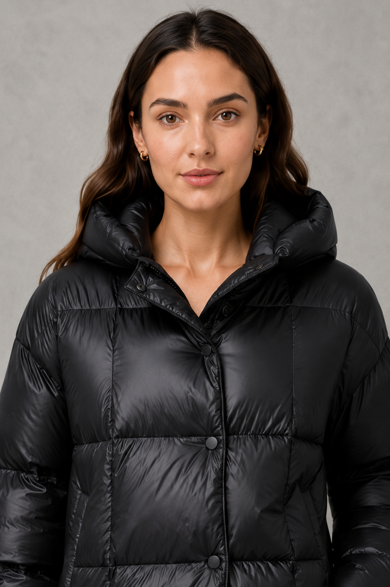 Women’s oversized hooded puffer jacket with a protective high collar, wide padded sleeves and a relaxed hip-length silhouette for winter layering.