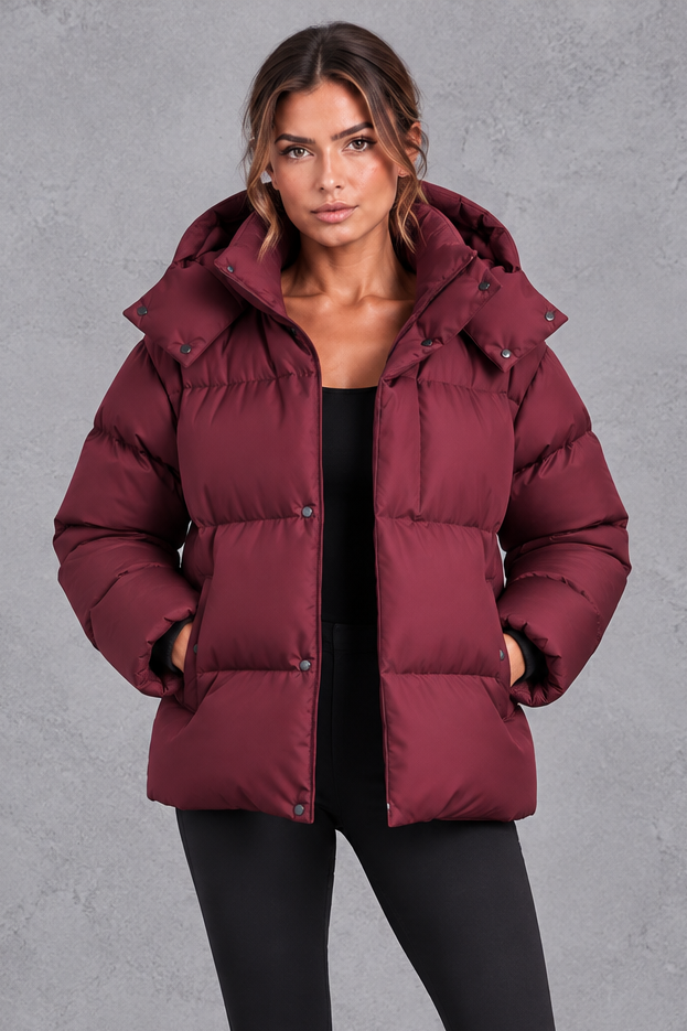 Women's oversized hooded puffer jacket in Wine Red – front view