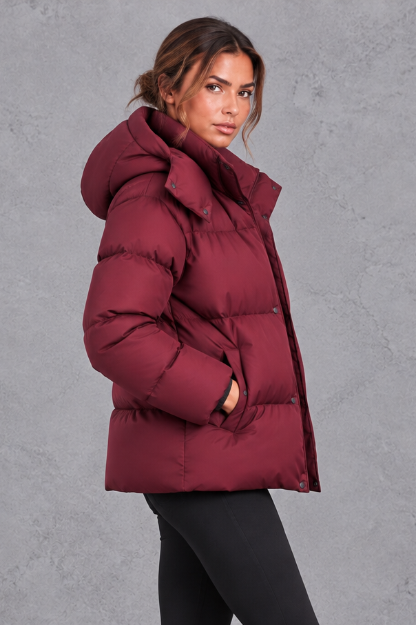 Women's oversized hooded puffer jacket in Wine Red – side view