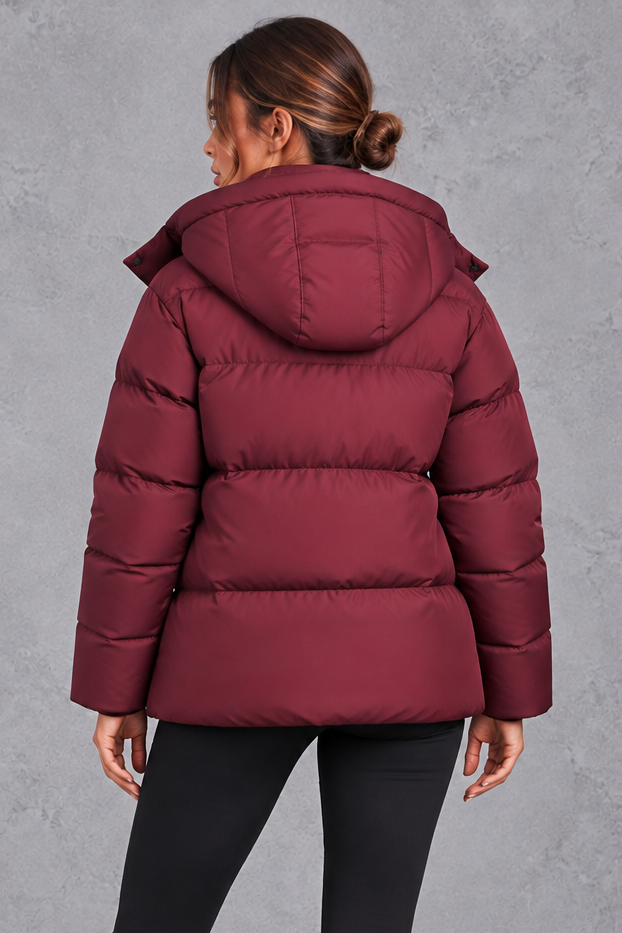 Women's oversized hooded puffer jacket in Wine Red – back view