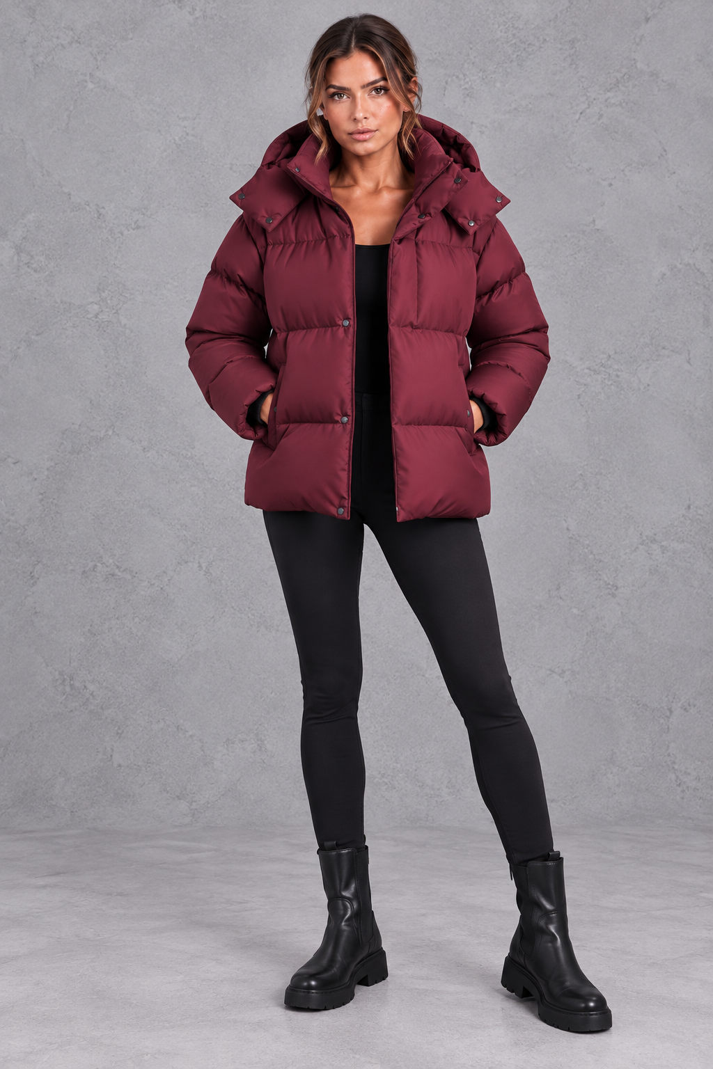 Women's oversized hooded puffer jacket in Wine Red – full-length view
