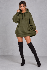 Women's army green oversized hoodie mini dress with drawstring hood and kangaroo pocket – front view