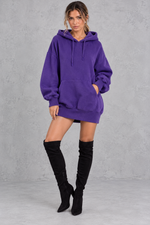 Women's purple oversized hoodie mini dress with drawstring hood and kangaroo pocket – front view