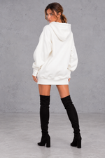 Women's white oversized hoodie mini dress with ribbed hem – back view