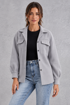 Women's Oversized Shirt Jacket – Button Front & Chest Flap Pockets – Grey – front view