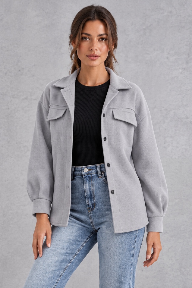 Women's Oversized Shirt Jacket – Button Front & Chest Flap Pockets – Grey – front view