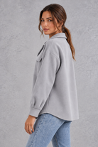 Women's Oversized Shirt Jacket – Button Front & Chest Flap Pockets – Grey – side view