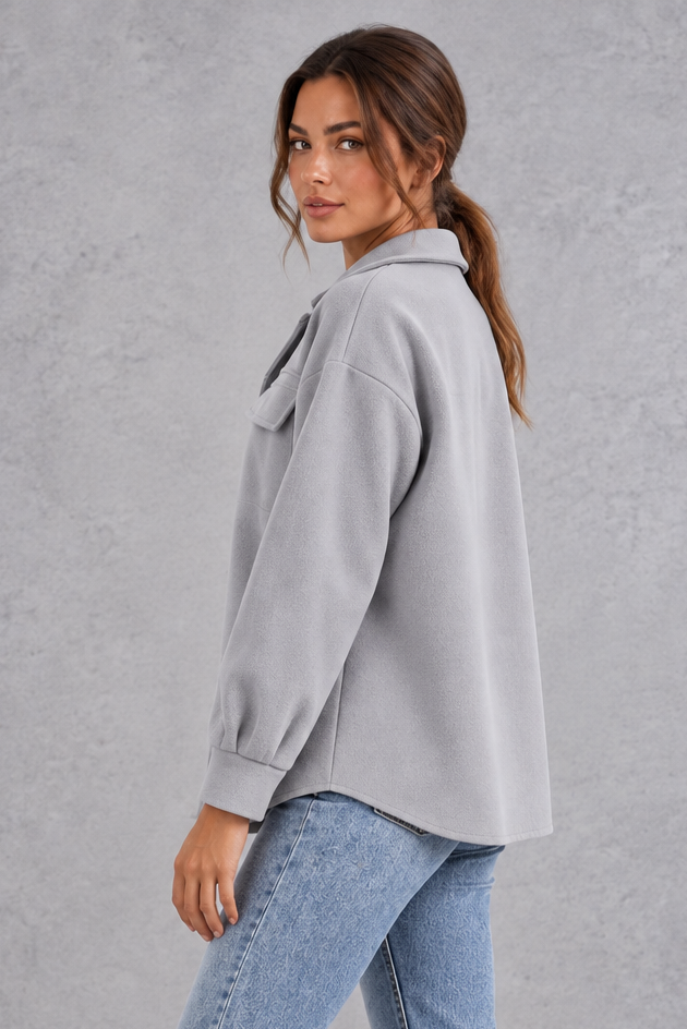 Women's Oversized Shirt Jacket – Button Front & Chest Flap Pockets – Grey – side view