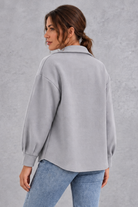 Women's Oversized Shirt Jacket – Button Front & Chest Flap Pockets – Grey – back view