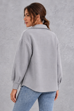 Women's Oversized Shirt Jacket – Button Front & Chest Flap Pockets – Grey – back view