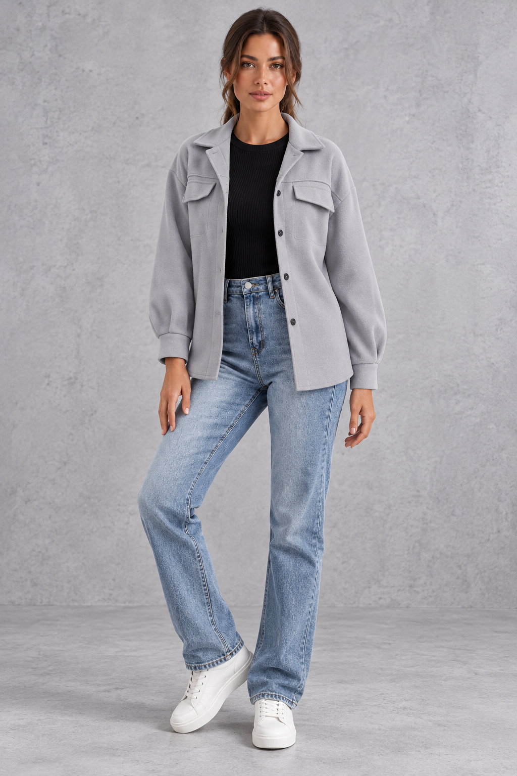 Women's Oversized Shirt Jacket – Button Front & Chest Flap Pockets – Grey – full-length front view