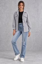 Women's Oversized Shirt Jacket – Button Front & Chest Flap Pockets – Grey – full-length front view