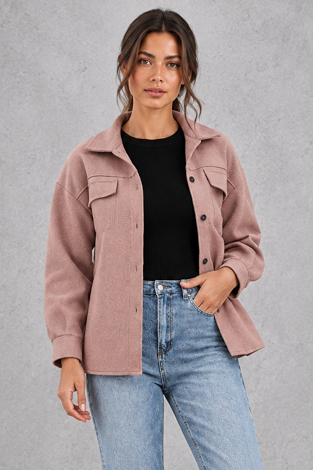 Women's Oversized Shirt Jacket – Button Front & Chest Flap Pockets – Pink – front view