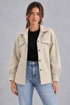 Women's Oversized Shirt Jacket – Button Front & Chest Flap Pockets – Beige – front view
