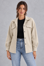 Women's Oversized Shirt Jacket – Button Front & Chest Flap Pockets – Beige – front view