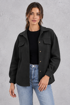 Women's Oversized Shirt Jacket – Button Front & Chest Flap Pockets – Black – front view