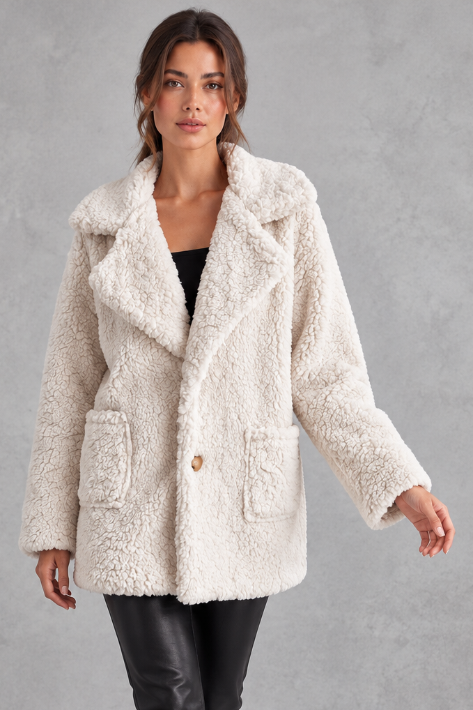 Women's oversized teddy jacket in Cream – front view
