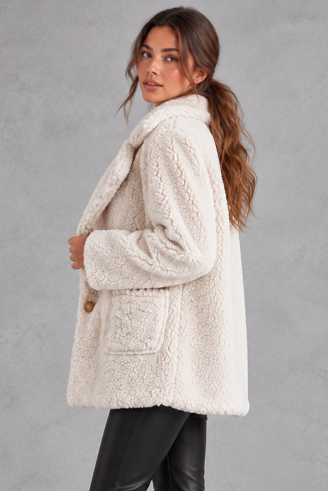 Women's oversized teddy jacket in Cream – side view