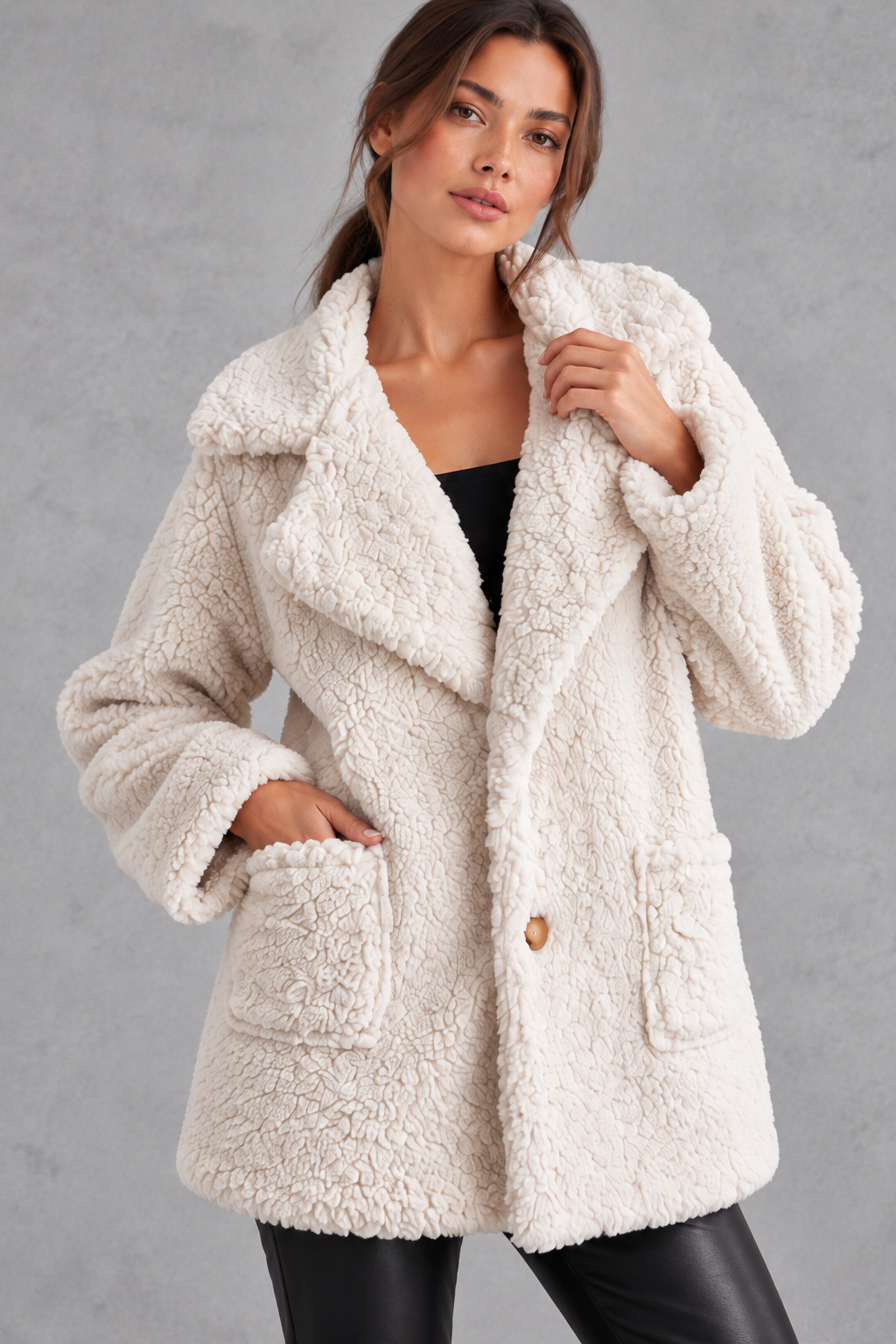 Women's oversized teddy jacket in Cream – close-up view