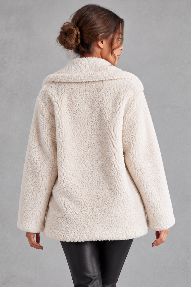 Women's oversized teddy jacket in Cream – back view