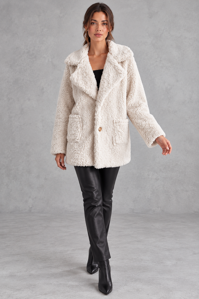 Women's oversized teddy jacket in Cream – full-length view