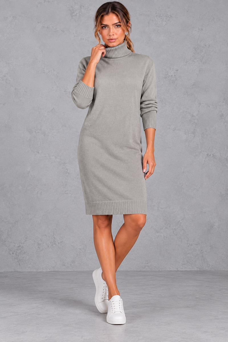 Women's grey roll neck knee length jumper dress with long sleeves – front view
