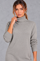 Women's grey roll neck jumper dress – close-up of roll neck and ribbed cuffs