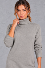 Women's grey roll neck jumper dress – close-up of roll neck and ribbed cuffs