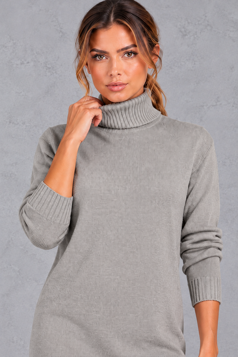 Women's grey roll neck jumper dress – close-up of roll neck and ribbed cuffs