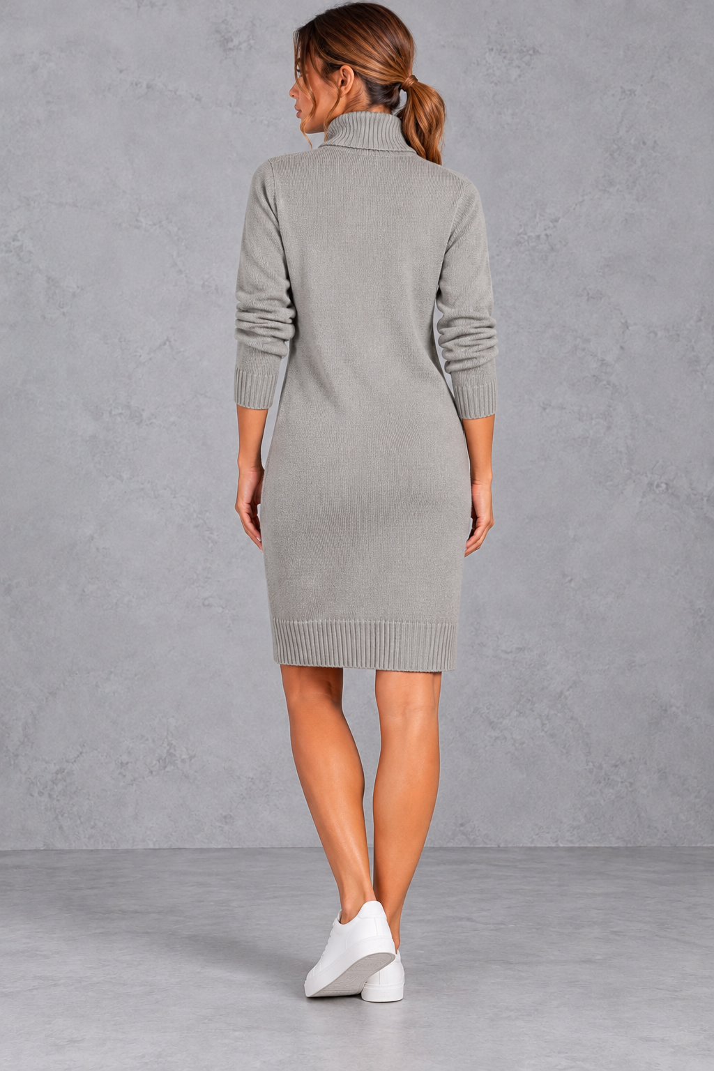 Women's grey roll neck knee length jumper dress – back view