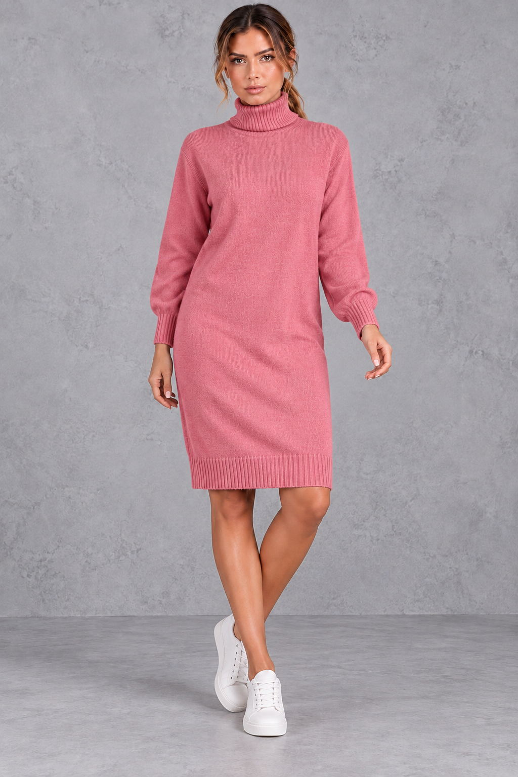 Women's pink roll neck knee length jumper dress – front view