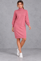 Women's pink roll neck knee length jumper dress – front view