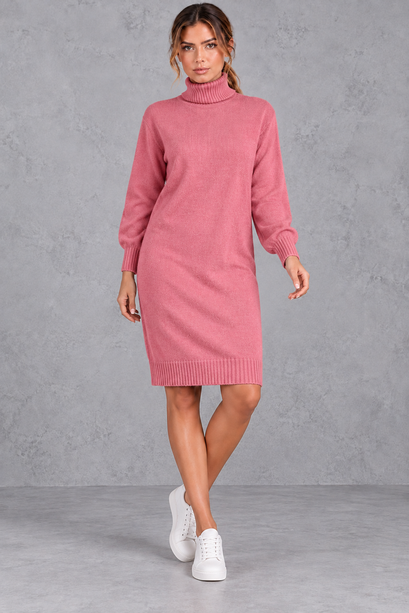 Women's pink roll neck knee length jumper dress – front view