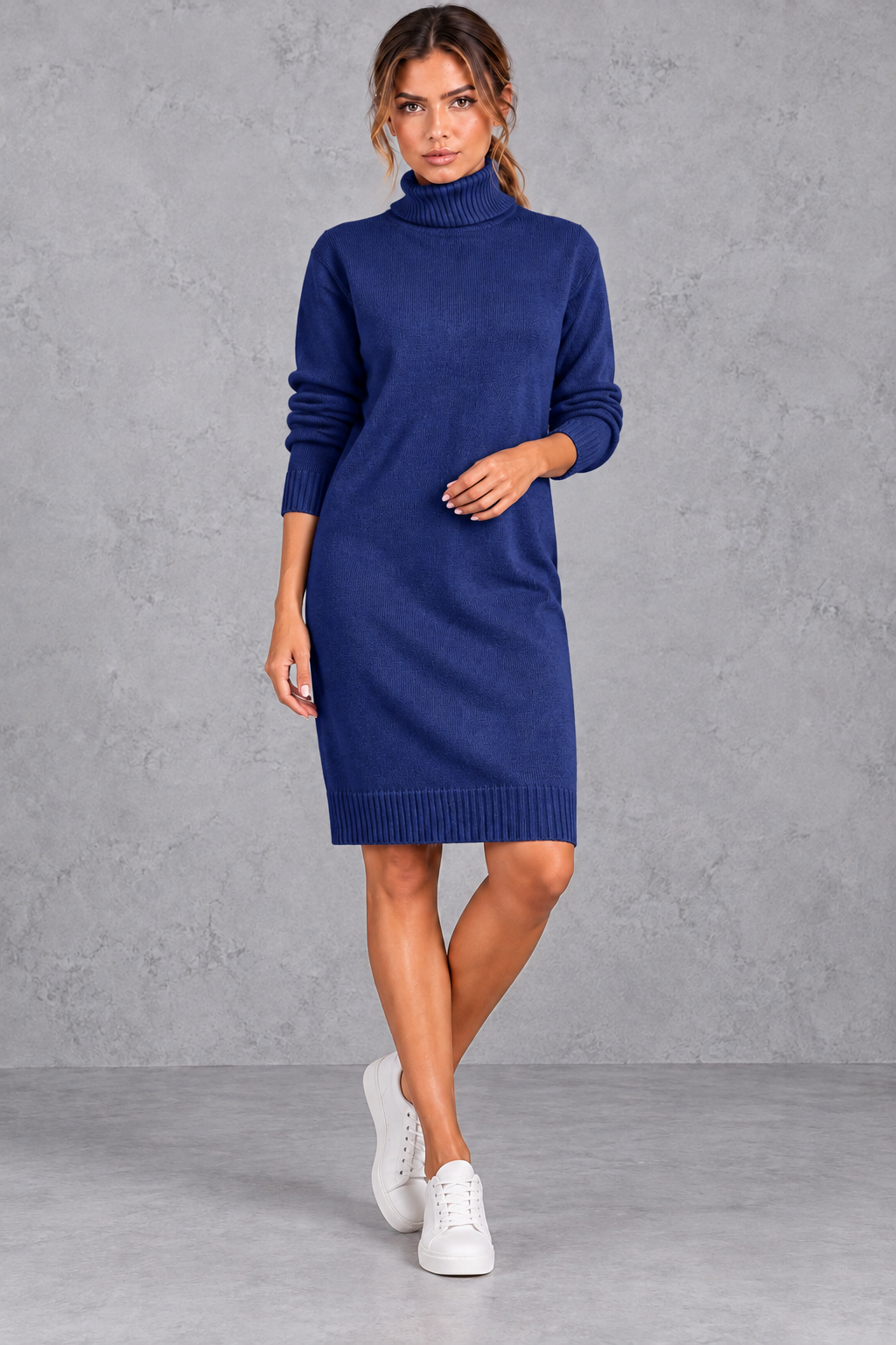 Women's blue roll neck knee length jumper dress – front view