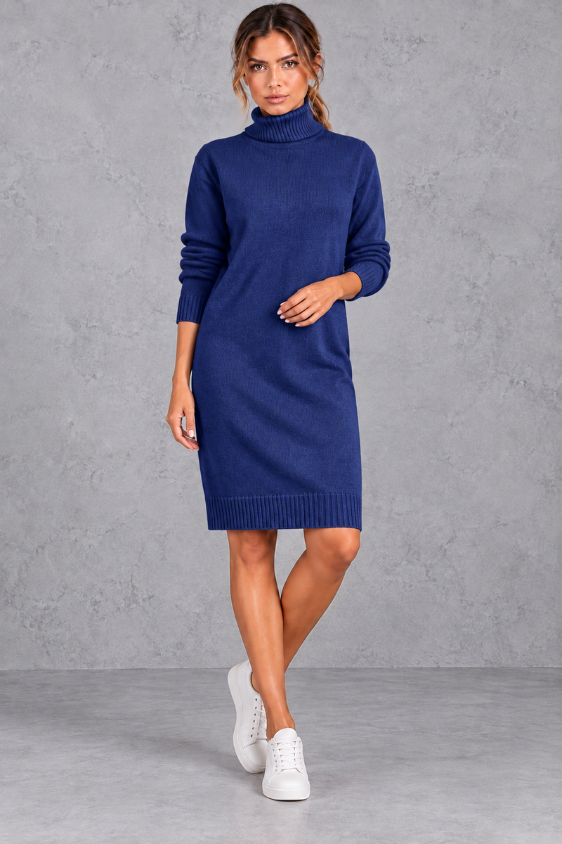 Women's blue roll neck knee length jumper dress – front view