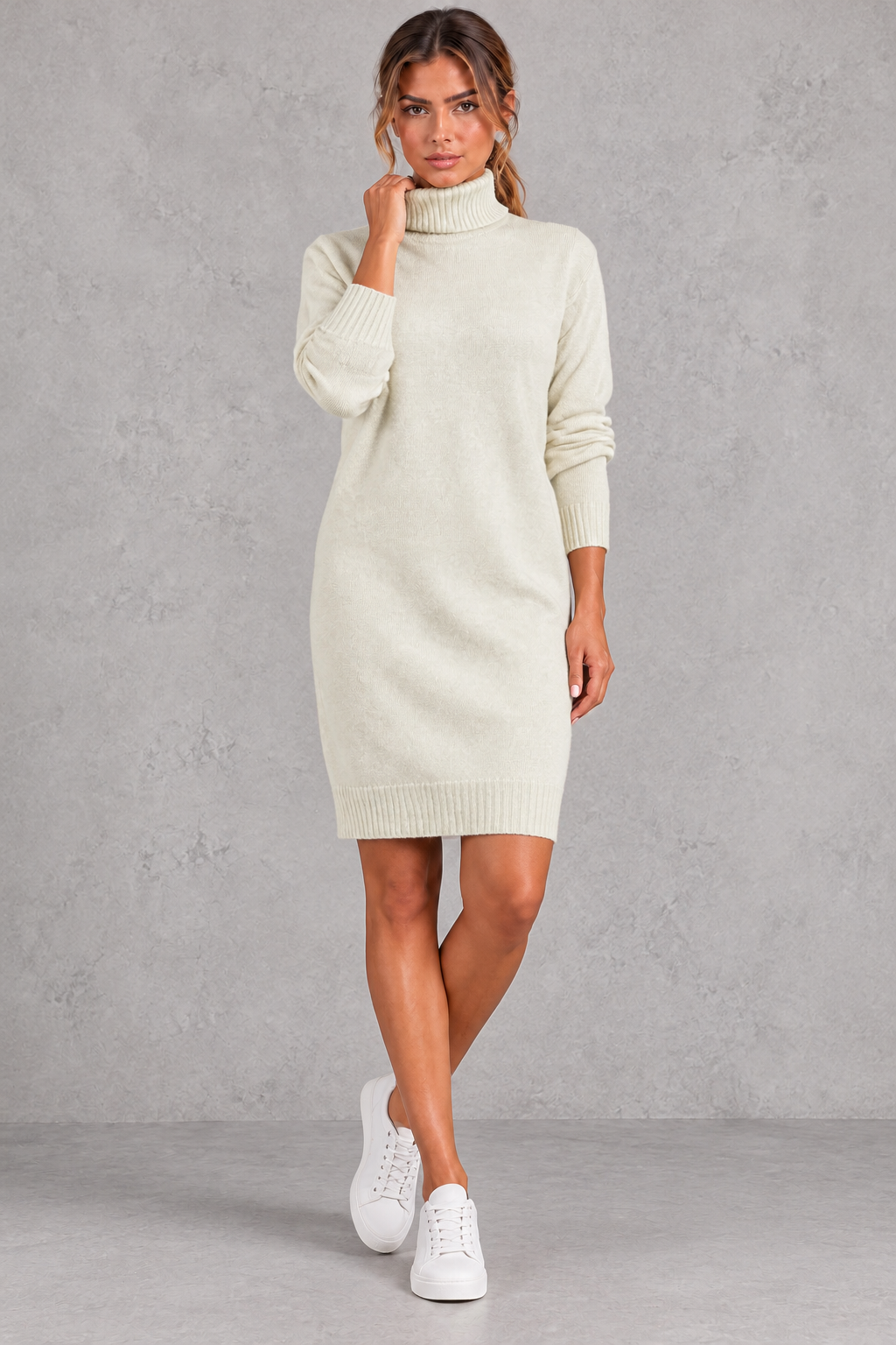 Women's white roll neck knee length jumper dress – front view