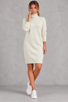 Women's white roll neck knee length jumper dress – front view