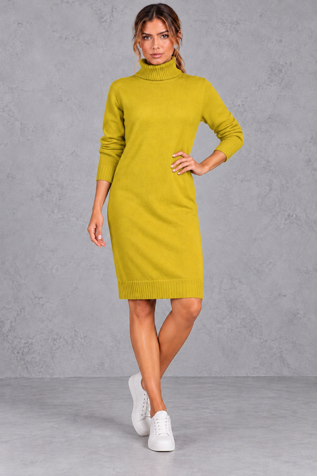 Women's yellow roll neck knee length jumper dress – front view