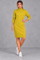 Women's yellow roll neck knee length jumper dress – front view