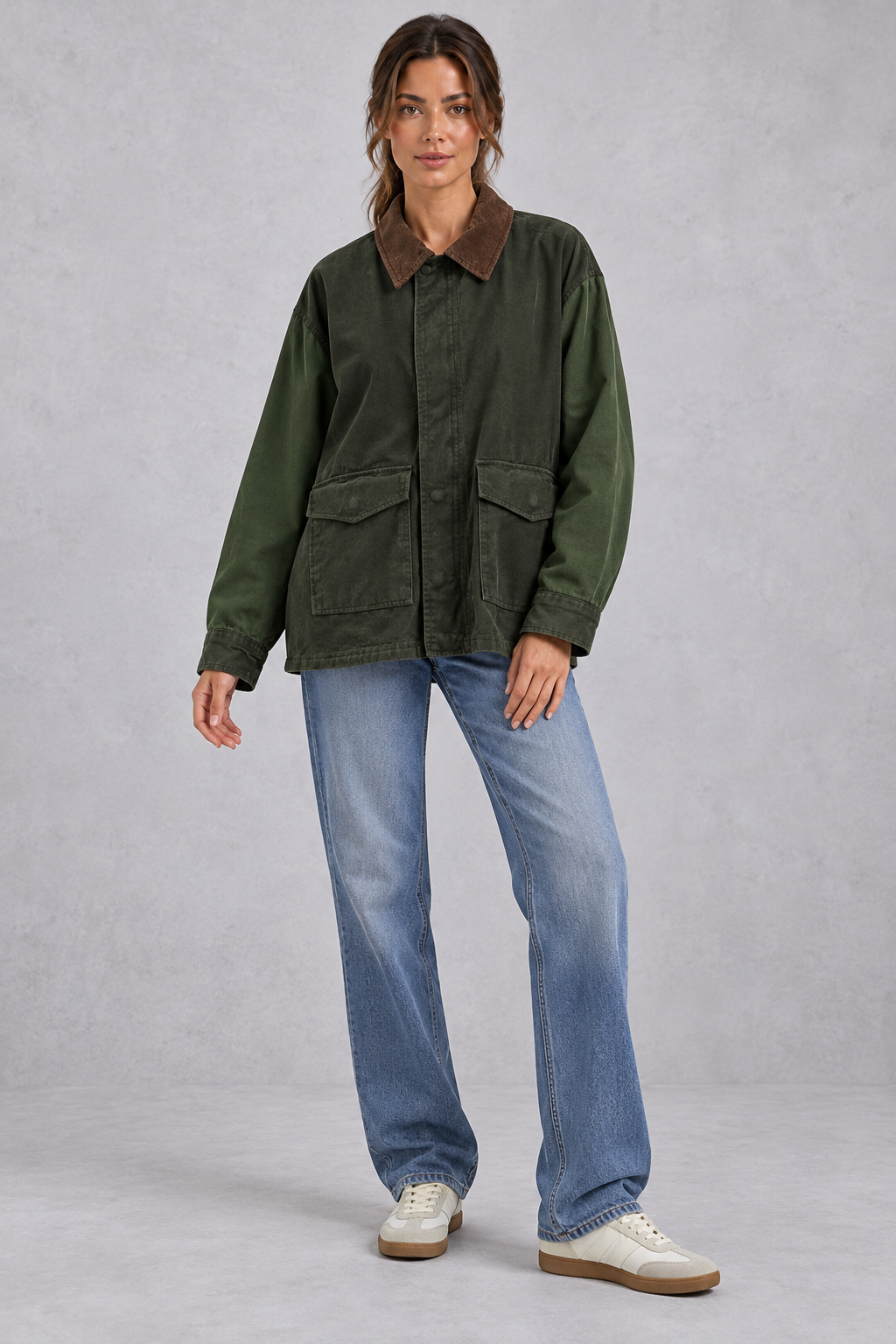 Women's oversized utility jacket in Army Green – full-length view