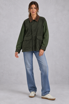 Women's oversized utility jacket in Army Green – full-length view