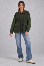 Women's oversized utility jacket in Army Green – full-length view