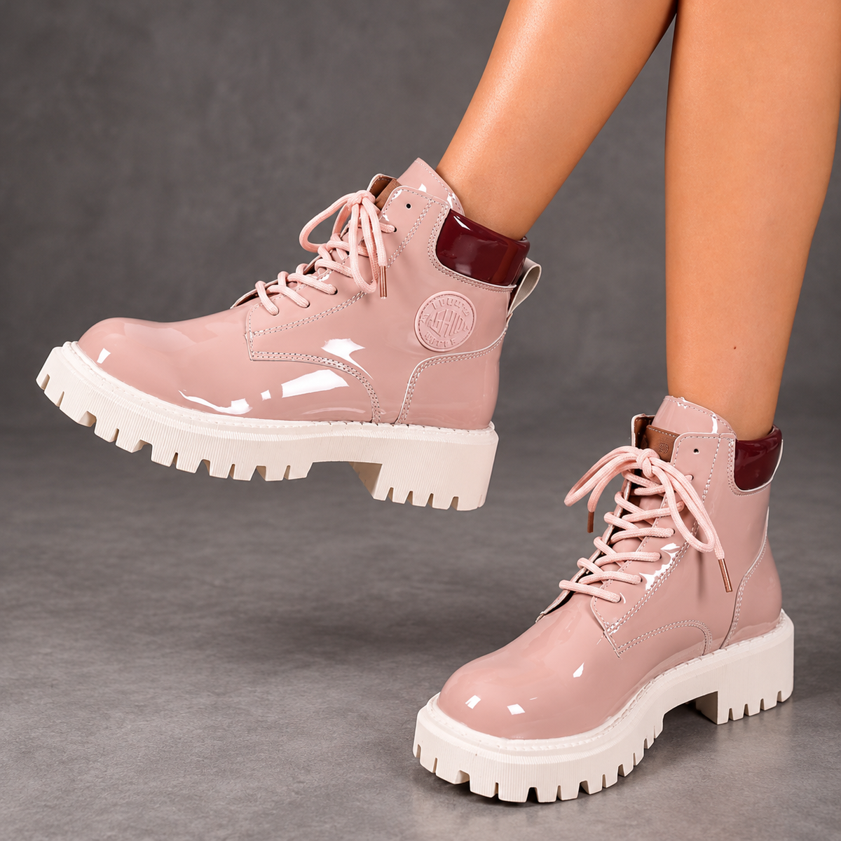 Women's Patent-Look Combat Ankle Boots – Pink