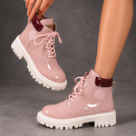 Women's Patent-Look Combat Ankle Boots – Pink