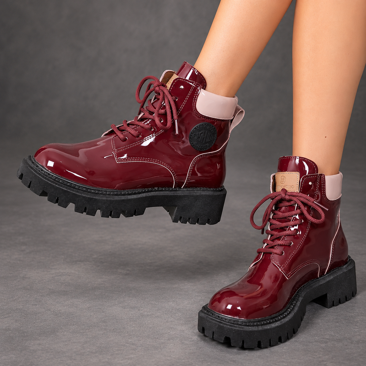 Women's Patent-Look Combat Ankle Boots – Wine Red