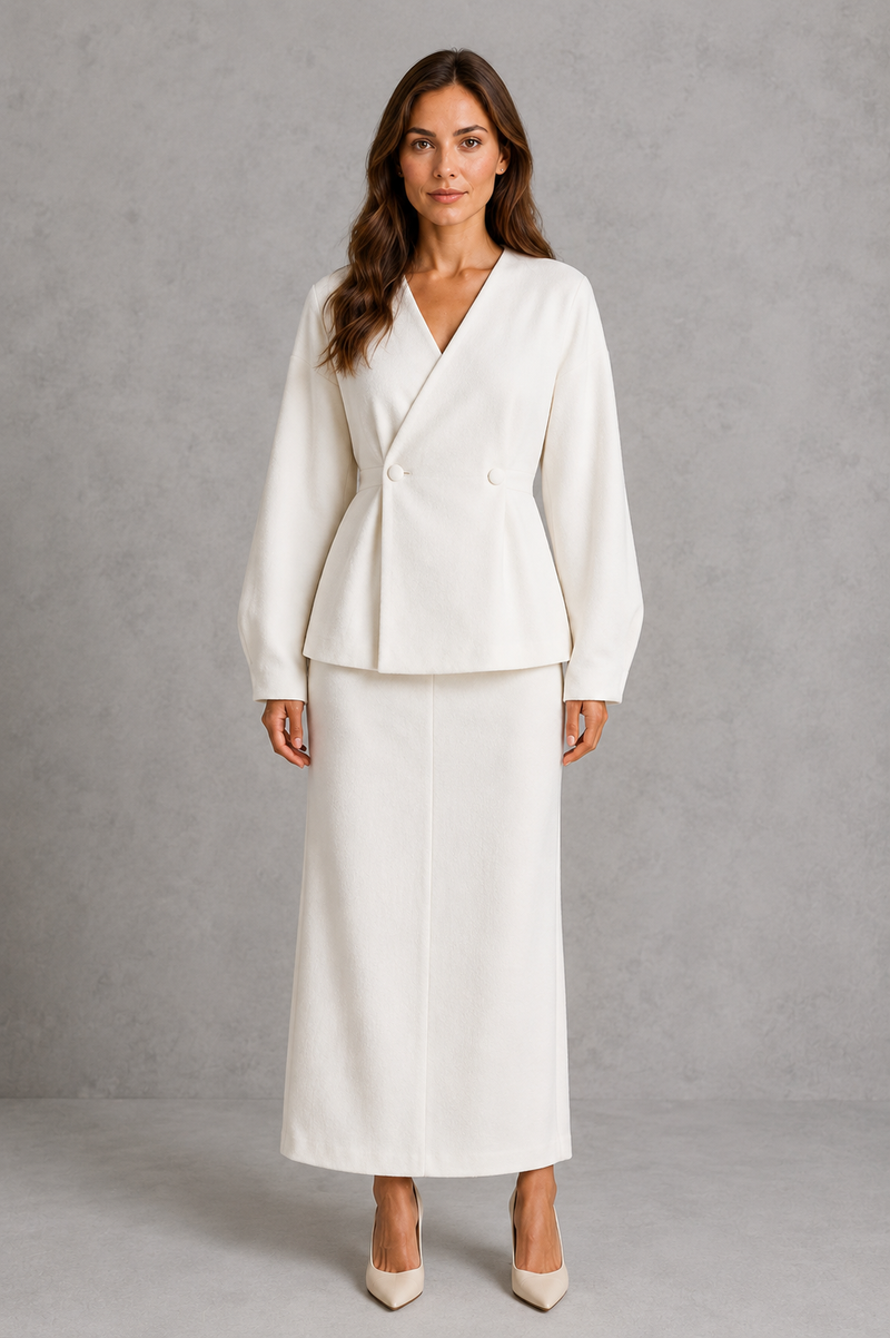Women’s two piece tailored suit with a fitted V-neck peplum jacket, voluminous long sleeves and coordinating maxi pencil skirt for an elegant silhouette.